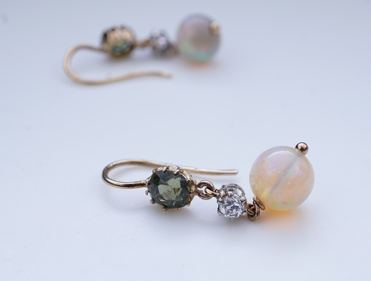 A pair of opal, green zircon and diamond earrings
